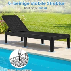 2er Set Wetterfeste Sonnenliege mit Verstellbarer Rückenlehne Kunststoff Gartenliege Balkonliege Schwarz