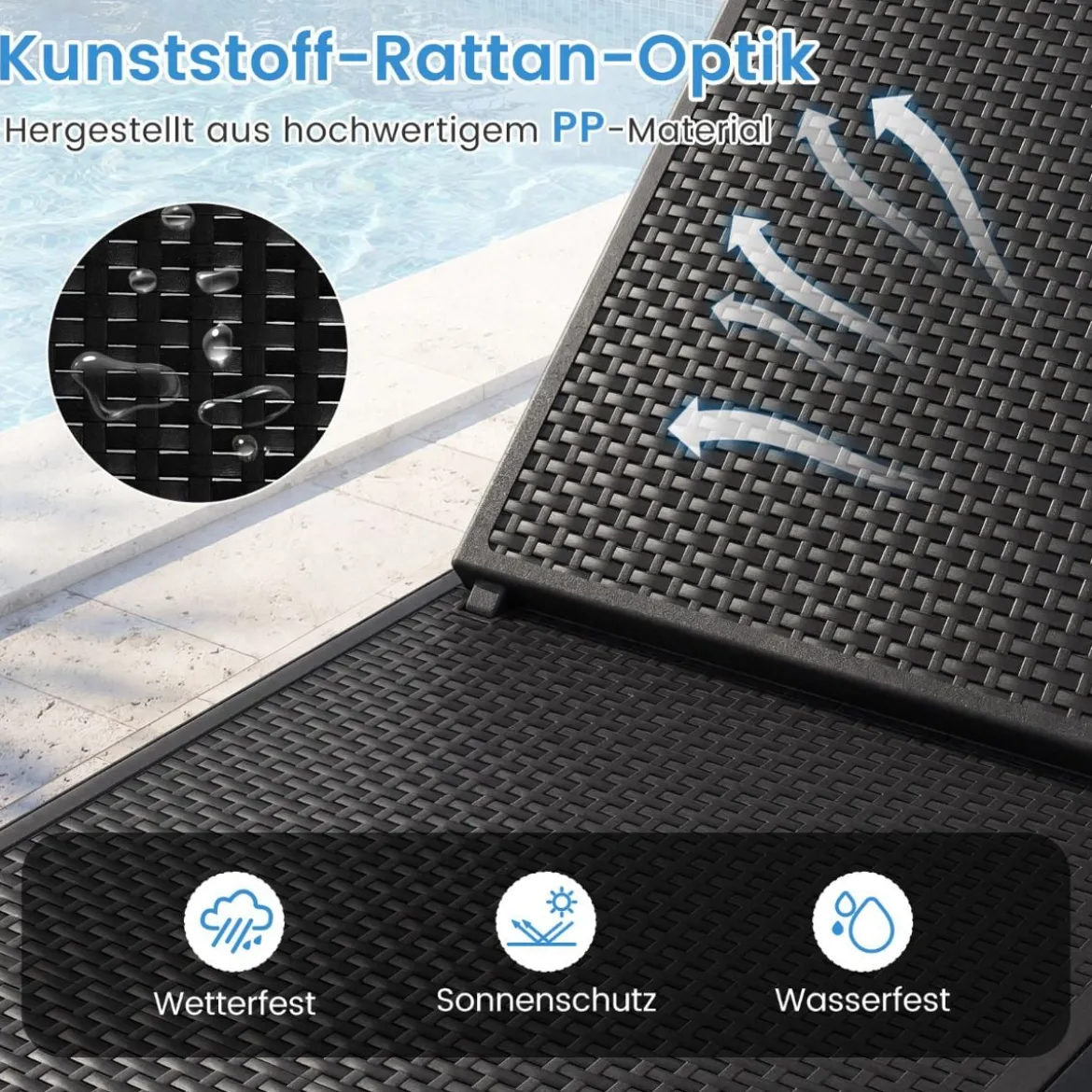 2er Set Wetterfeste Sonnenliege mit Verstellbarer Rückenlehne Kunststoff Gartenliege Balkonliege Schwarz