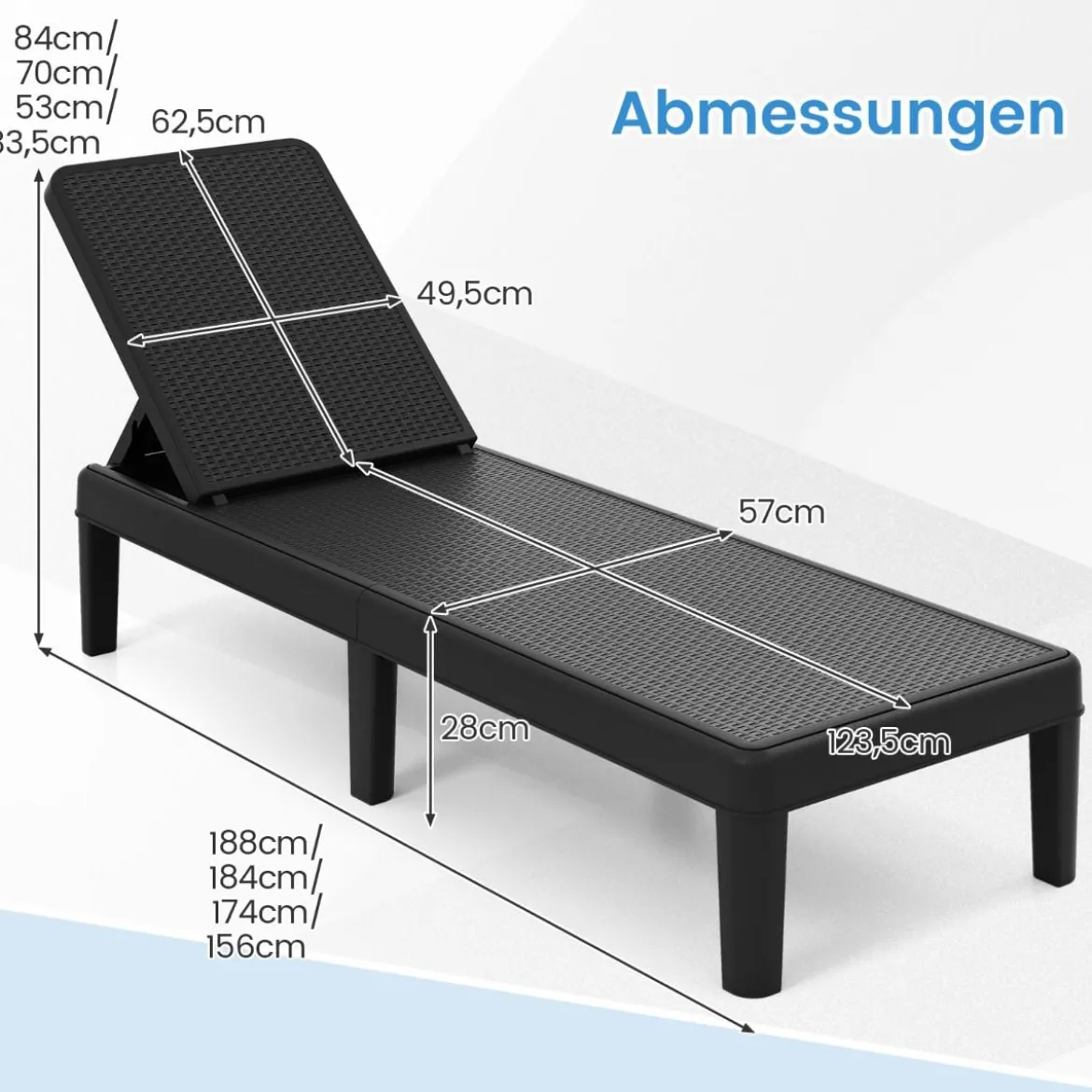 2er Set Wetterfeste Sonnenliege mit Verstellbarer Rückenlehne Kunststoff Gartenliege Balkonliege Schwarz