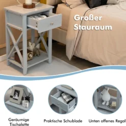 2er Set X-förmiger Nachttisch mit Schublade & Unterem Ablagefach Moderner Beistelltisch Grau