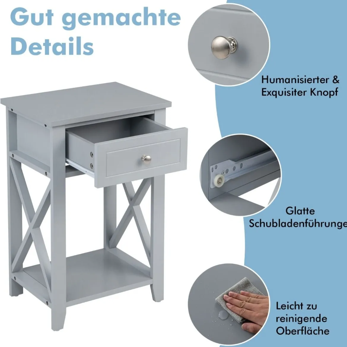 2er Set X-förmiger Nachttisch mit Schublade & Unterem Ablagefach Moderner Beistelltisch Grau