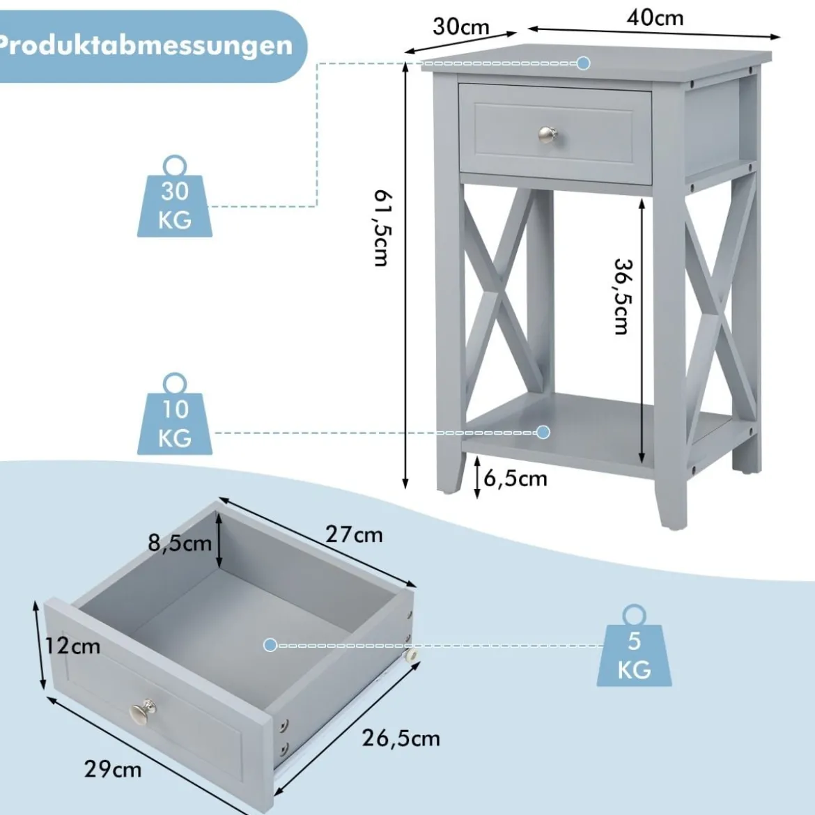 2er Set X-förmiger Nachttisch mit Schublade & Unterem Ablagefach Moderner Beistelltisch Grau