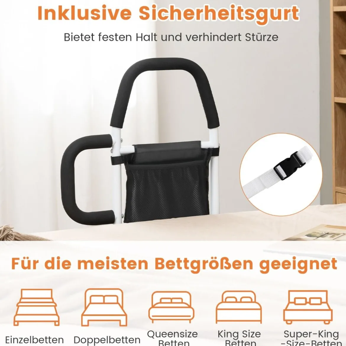 Erwachsene Bettgitter Rausfallschutz mit 2 Handlauf & Tasche & Befestigungsgurt bis 136 kg