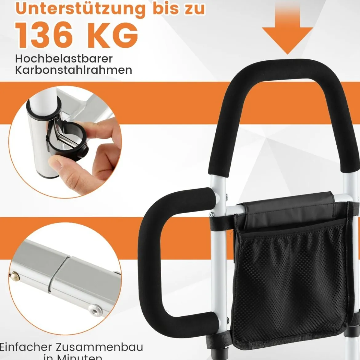 Erwachsene Bettgitter Rausfallschutz mit 2 Handlauf & Tasche & Befestigungsgurt bis 136 kg