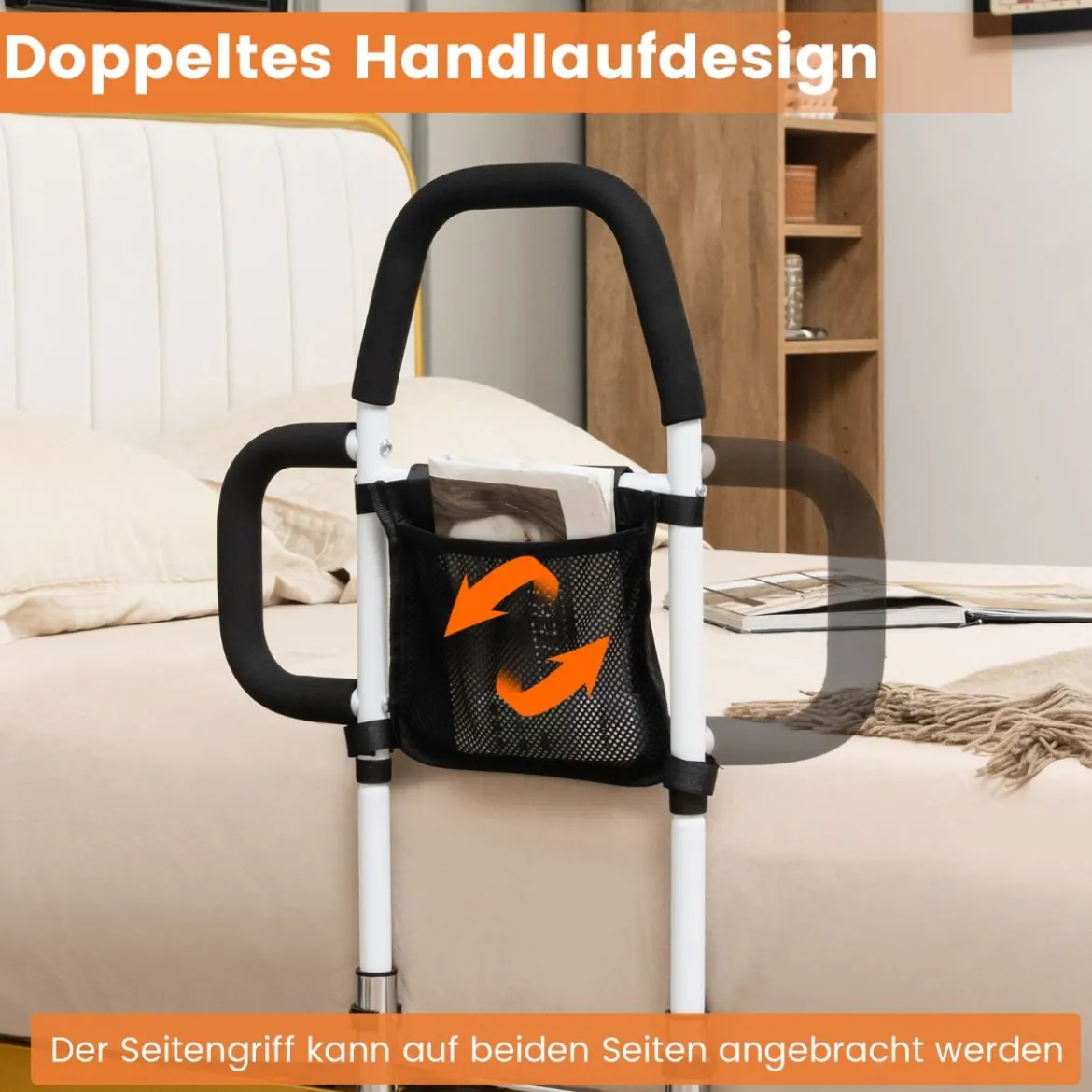Erwachsene Bettgitter Rausfallschutz mit 2 Handlauf & Tasche & Befestigungsgurt bis 136 kg