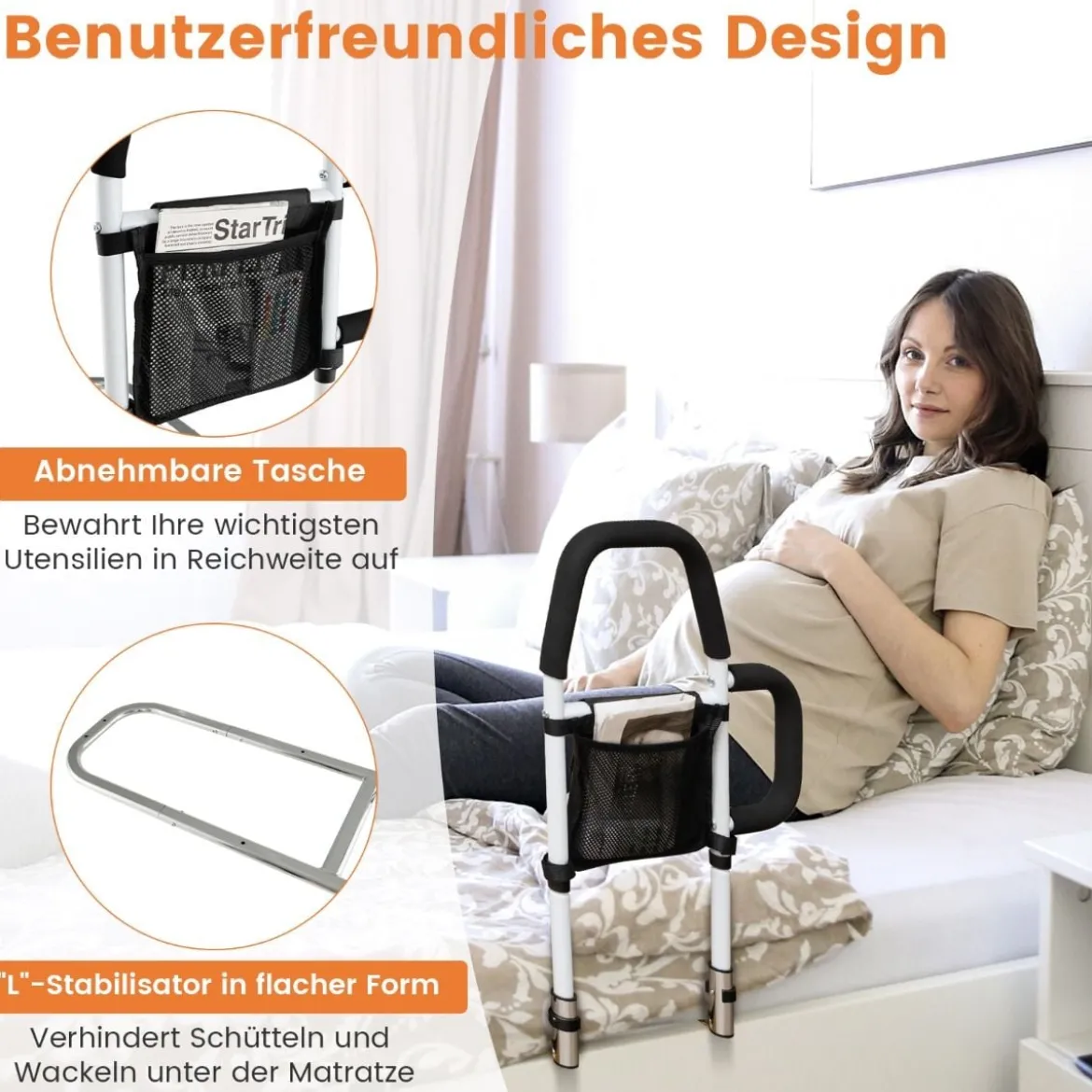 Erwachsene Bettgitter Rausfallschutz mit 2 Handlauf & Tasche & Befestigungsgurt bis 136 kg