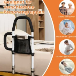 Erwachsene Bettgitter Rausfallschutz mit 2 Handlauf & Tasche & Befestigungsgurt bis 136 kg