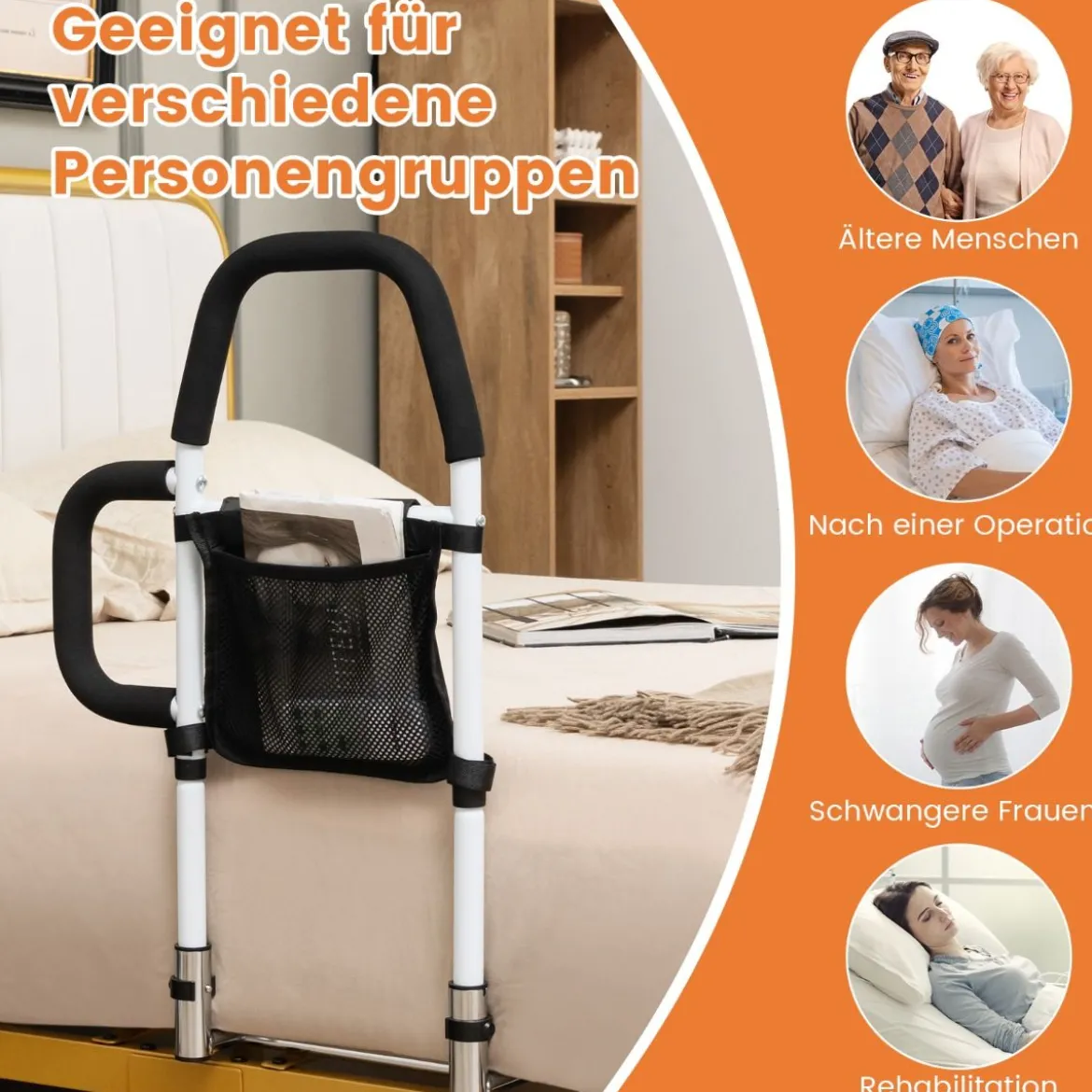 Erwachsene Bettgitter Rausfallschutz mit 2 Handlauf & Tasche & Befestigungsgurt bis 136 kg