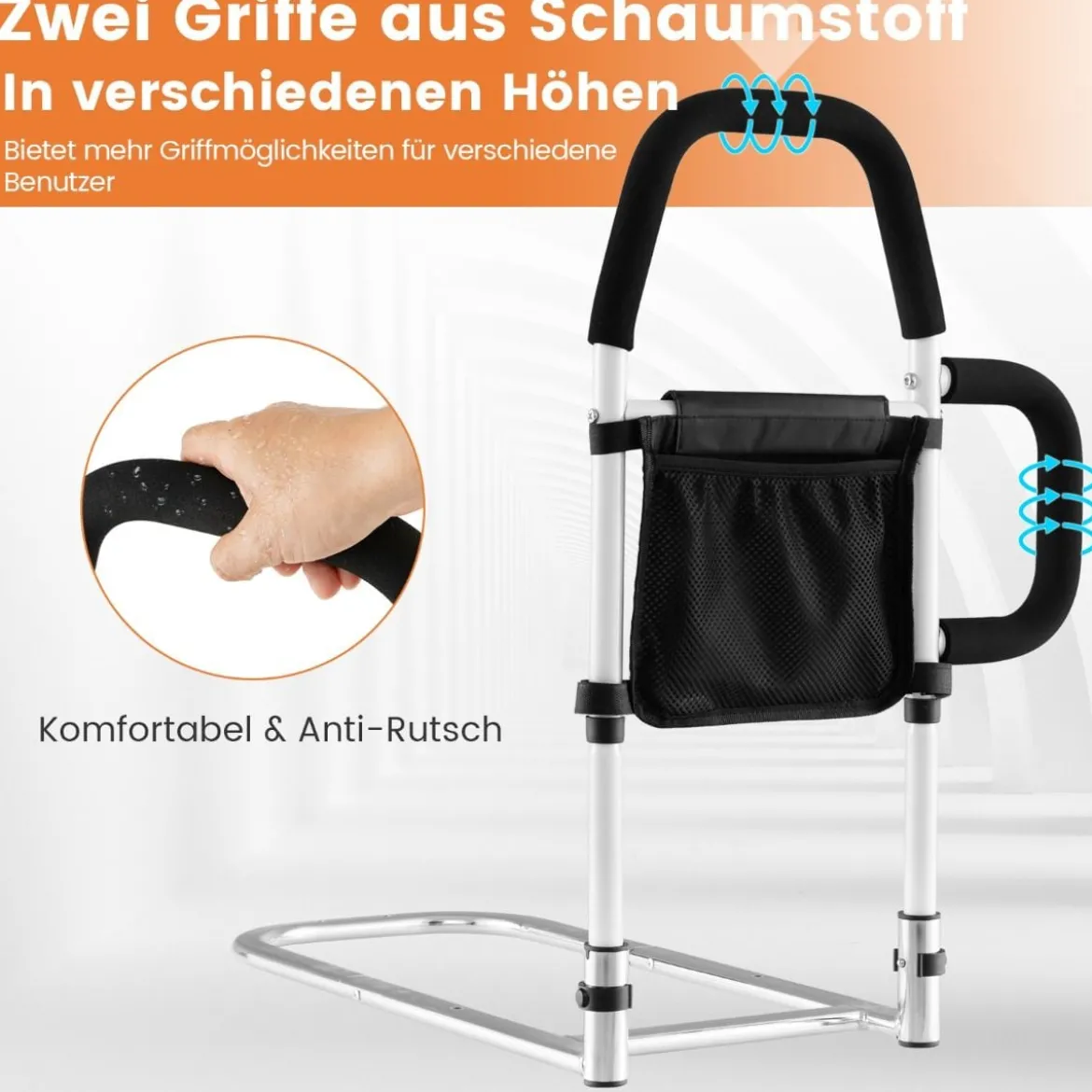 Erwachsene Bettgitter Rausfallschutz mit 2 Handlauf & Tasche & Befestigungsgurt bis 136 kg