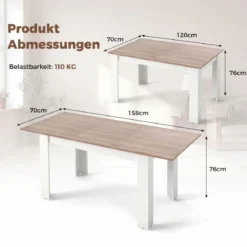Erweiterbarer Esstisch Moderner Küchentisch mit verstellbarem Tischblatt & L-förmige Beine Weiß 158 x 70 x 76 cm
