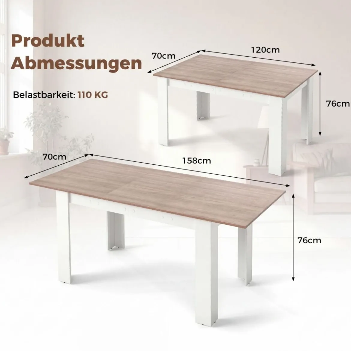 Erweiterbarer Esstisch Moderner Küchentisch mit verstellbarem Tischblatt & L-förmige Beine Weiß 158 x 70 x 76 cm