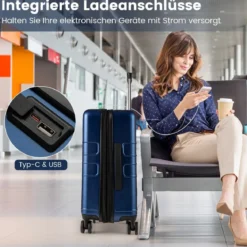 Erweiterbarer Reisekoffer leichter PC-Hartschalenkoffer 20 Zoll Flugzeugtaugliches Rollgepäck Marineblau