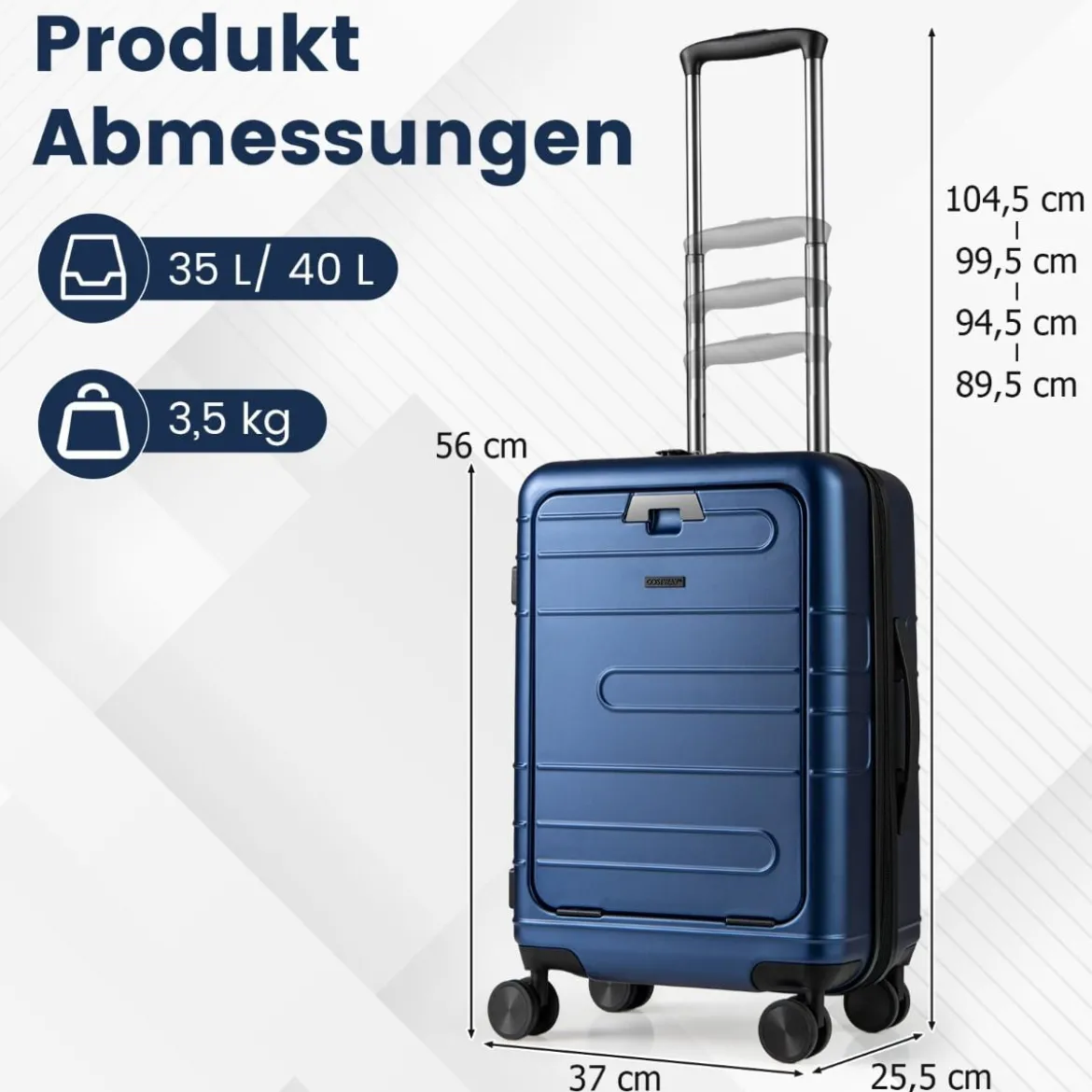 Erweiterbarer Reisekoffer leichter PC-Hartschalenkoffer 20 Zoll Flugzeugtaugliches Rollgepäck Marineblau
