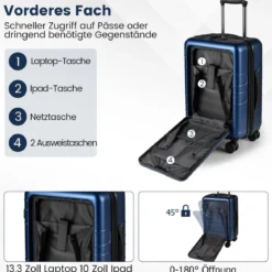 Erweiterbarer Reisekoffer leichter PC-Hartschalenkoffer 20 Zoll Flugzeugtaugliches Rollgepäck Marineblau