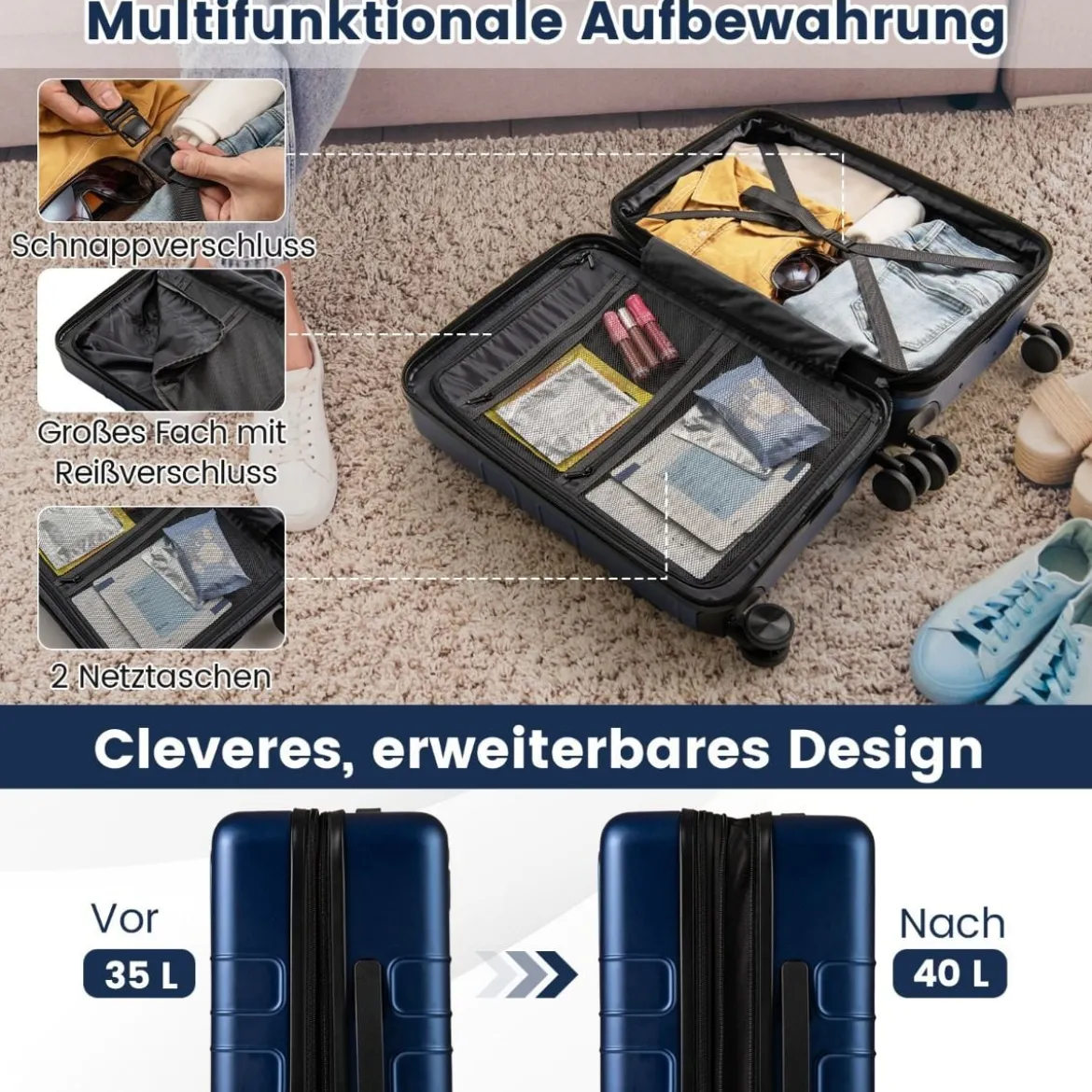 Erweiterbarer Reisekoffer leichter PC-Hartschalenkoffer 20 Zoll Flugzeugtaugliches Rollgepäck Marineblau