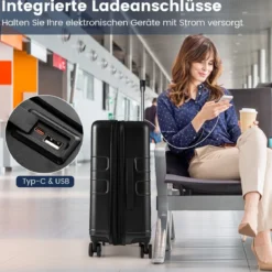 Erweiterbarer Reisekoffer leichter PC-Hartschalenkoffer mit Frontfach 20 Zoll Flugzeugtaugliches Rollgepäck Schwarz