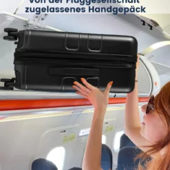 Erweiterbarer Reisekoffer leichter PC-Hartschalenkoffer mit Frontfach 20 Zoll Flugzeugtaugliches Rollgepäck Schwarz