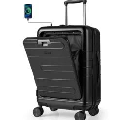 Erweiterbarer Reisekoffer leichter PC-Hartschalenkoffer mit Frontfach 20 Zoll Flugzeugtaugliches Rollgepäck Schwarz