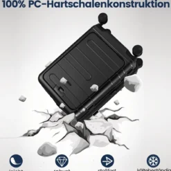 Erweiterbarer Reisekoffer leichter PC-Hartschalenkoffer mit Frontfach 20 Zoll Flugzeugtaugliches Rollgepäck Schwarz