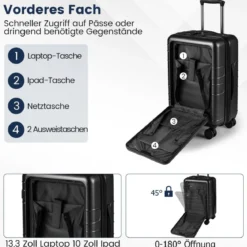 Erweiterbarer Reisekoffer leichter PC-Hartschalenkoffer mit Frontfach 20 Zoll Flugzeugtaugliches Rollgepäck Schwarz