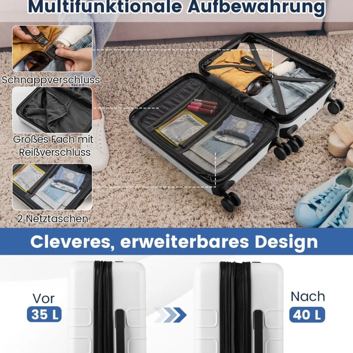 Erweiterbarer Reisekoffer leichter PC-Hartschalenkoffer 20 Zoll Flugzeugtaugliches Rollgepäck Weiß