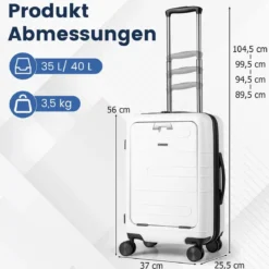 Erweiterbarer Reisekoffer leichter PC-Hartschalenkoffer 20 Zoll Flugzeugtaugliches Rollgepäck Weiß