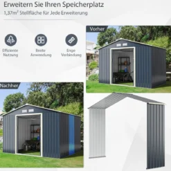 Erweiterungsset für Outdoor-Metallschuppen Erweitert 277 x 202 x 64 cm Grau