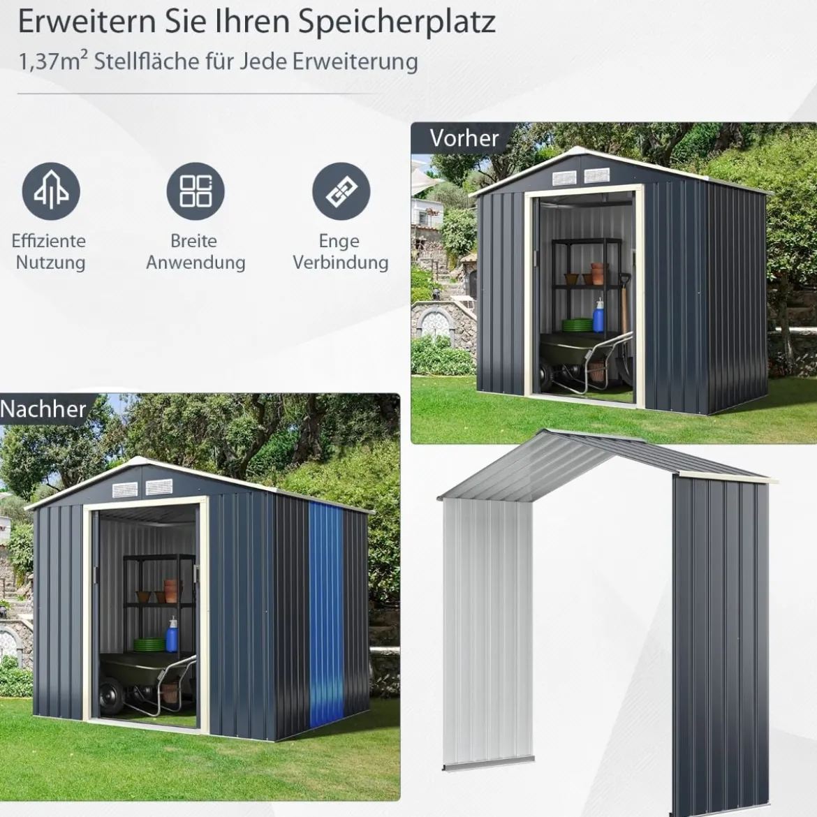 Erweiterungsset für Outdoor-Metallschuppen Erweitert 213 x 162 x 64 cm Grau
