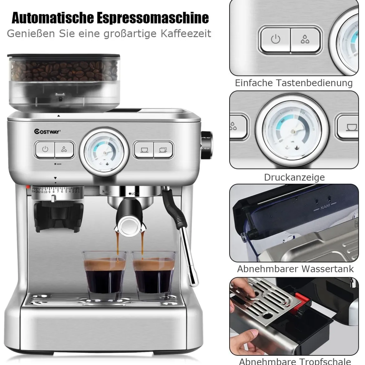 Espresso Maschine Automatische Kaffeemaschine Siebträgermaschine Siebträger 2L Wassertank Silber