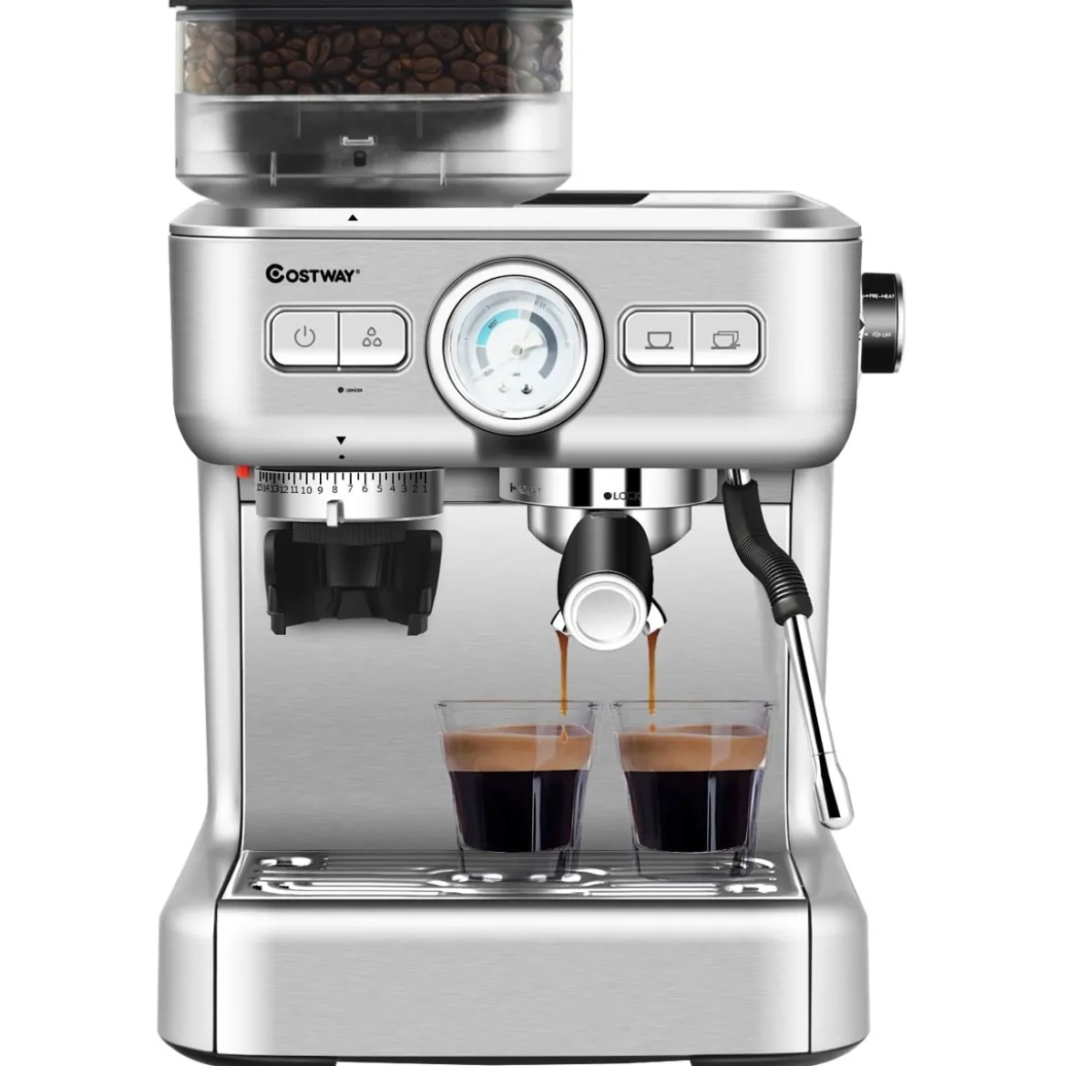Espresso Maschine Automatische Kaffeemaschine Siebträgermaschine Siebträger 2L Wassertank Silber