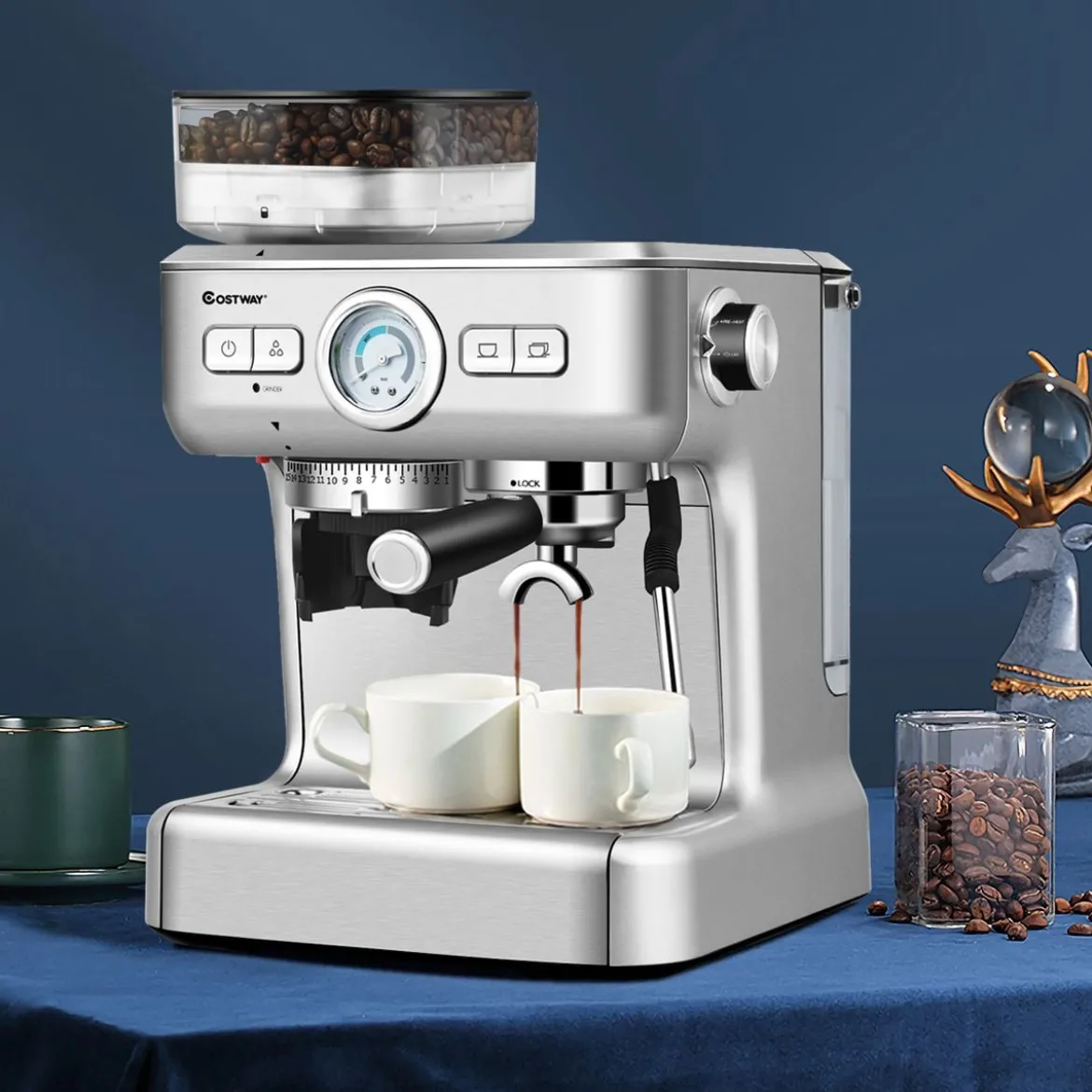 Espresso Maschine Automatische Kaffeemaschine Siebträgermaschine Siebträger 2L Wassertank Silber