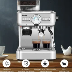 Espresso Maschine Automatische Kaffeemaschine Siebträgermaschine Siebträger 2L Wassertank Silber