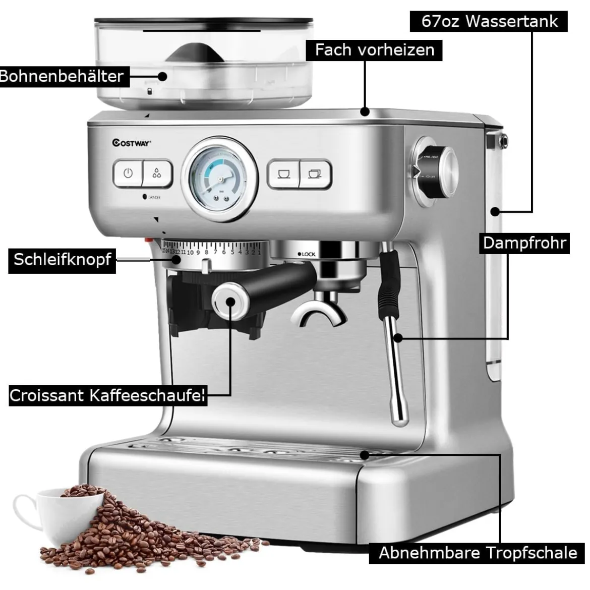 Espresso Maschine Automatische Kaffeemaschine Siebträgermaschine Siebträger 2L Wassertank Silber