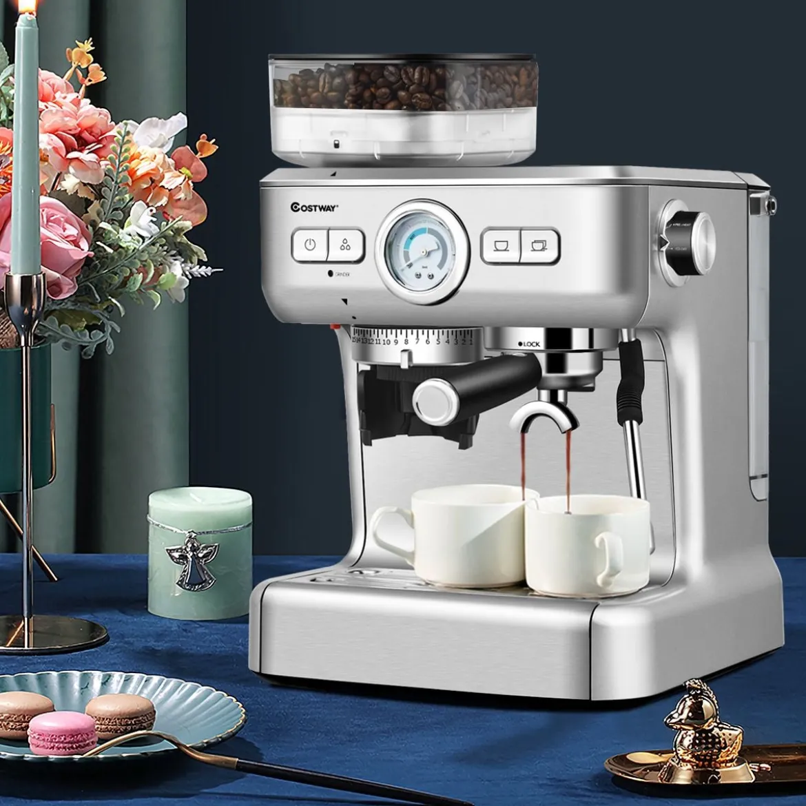 Espresso Maschine Automatische Kaffeemaschine Siebträgermaschine Siebträger 2L Wassertank Silber