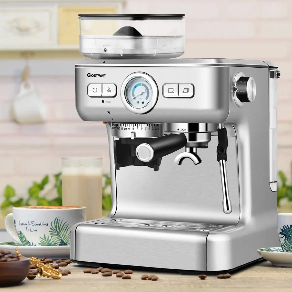 Espresso Maschine Automatische Kaffeemaschine Siebträgermaschine Siebträger 2L Wassertank Silber