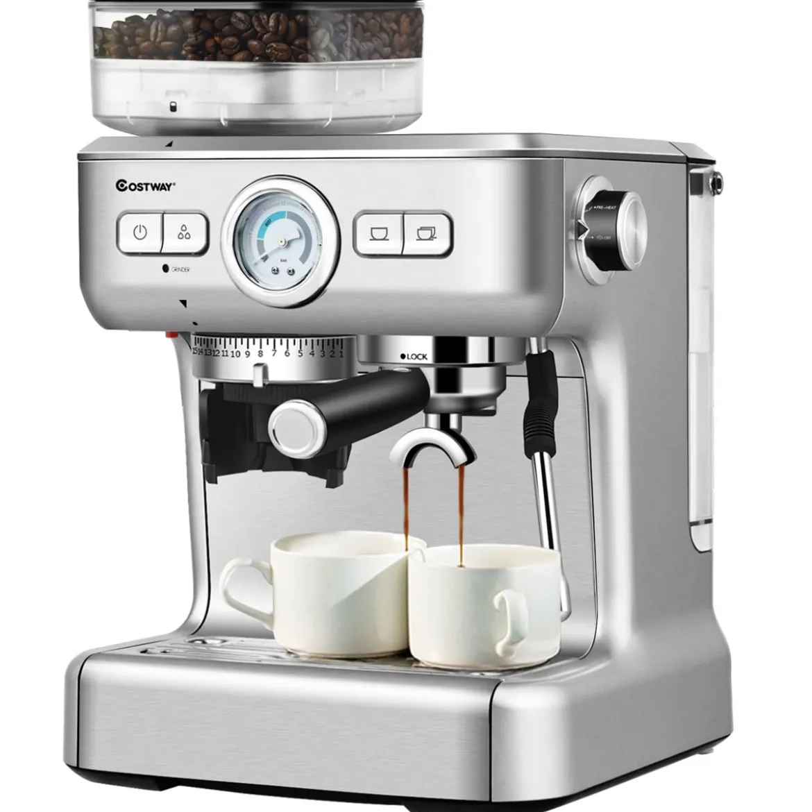 Espresso Maschine Automatische Kaffeemaschine Siebträgermaschine Siebträger 2L Wassertank Silber