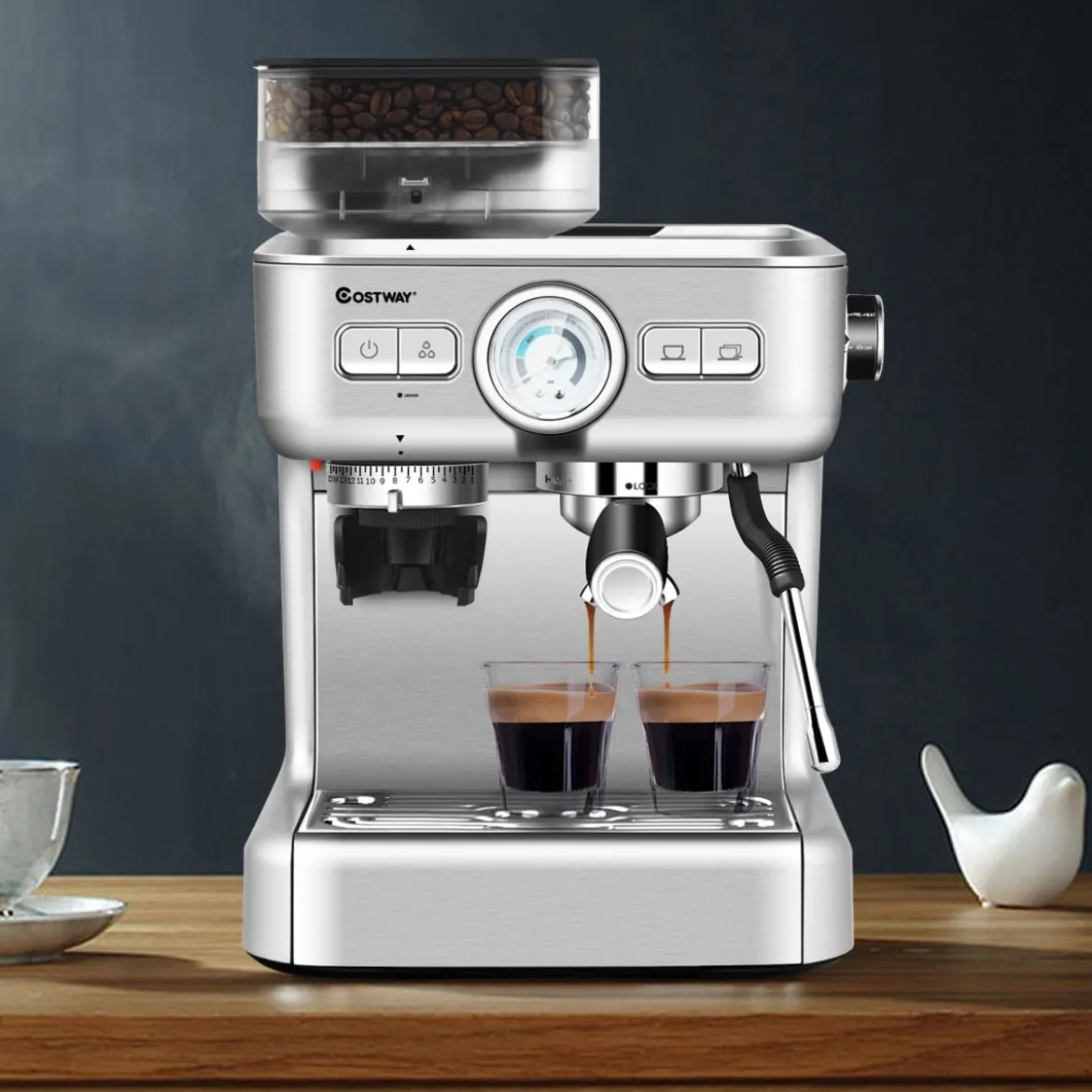 Espresso Maschine Automatische Kaffeemaschine Siebträgermaschine Siebträger 2L Wassertank Silber