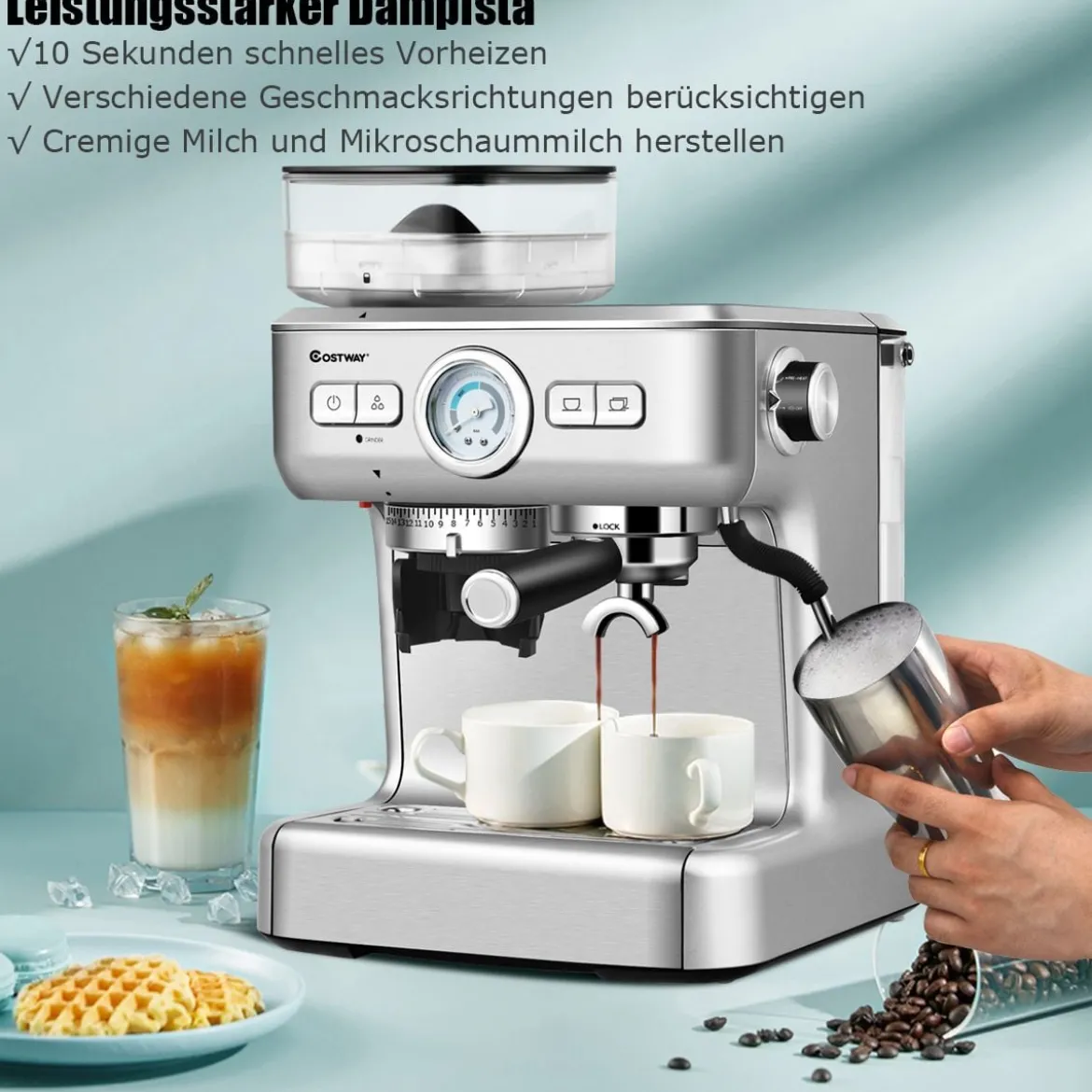 Espresso Maschine Automatische Kaffeemaschine Siebträgermaschine Siebträger 2L Wassertank Silber