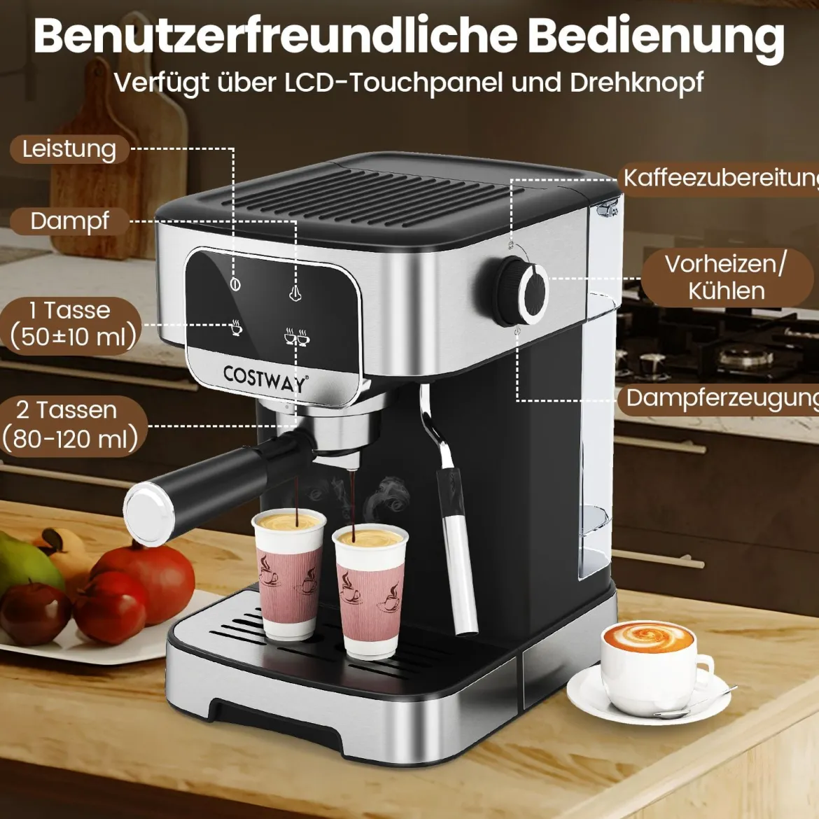 Espressomaschine 20 Bar 1200 W Espressokocher mit Dampf-Milchaufschäumer 18 L abnehmbarer Wassertank Schwarz