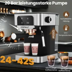 Espressomaschine 20 Bar 1200 W Espressokocher mit Dampf-Milchaufschäumer 18 L abnehmbarer Wassertank Schwarz
