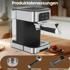 Espressomaschine 20 Bar 1200 W Espressokocher mit Dampf-Milchaufschäumer 18 L abnehmbarer Wassertank Schwarz
