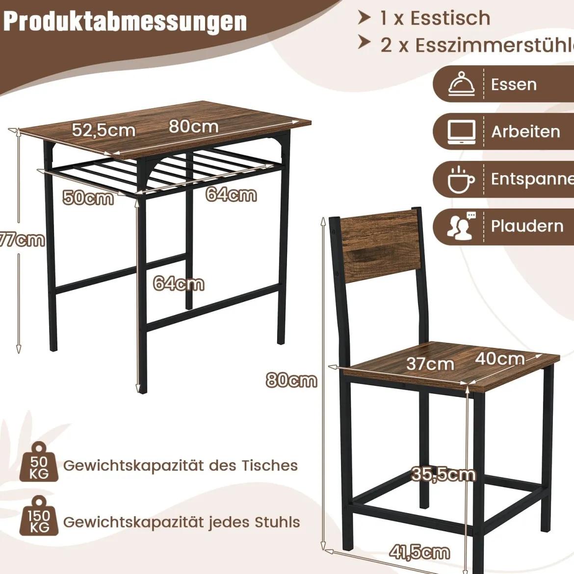 Essgruppe für 2 3-teiliges rechteckiges Tisch- und Stuhlset aus Holz mit Metallrahmen Braun