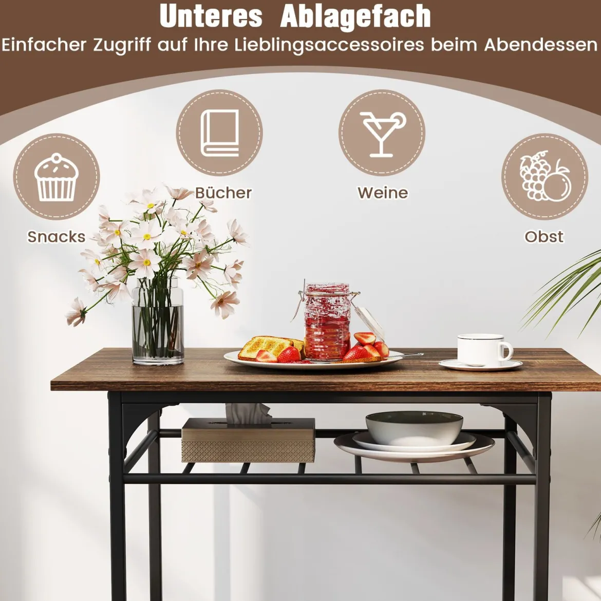 Essgruppe für 2 3-teiliges rechteckiges Tisch- und Stuhlset aus Holz mit Metallrahmen Braun