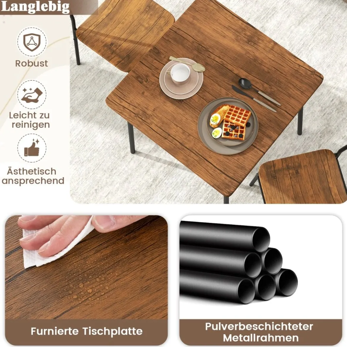 Essgruppe mit 2 Stühlen & Ablageregal Platzsparende Sitzgruppe Esstisch Rustikales Braun
