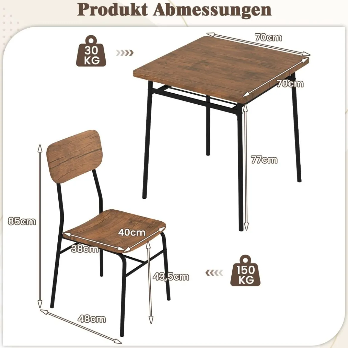 Essgruppe mit 2 Stühlen & Ablageregal Platzsparende Sitzgruppe Esstisch Rustikales Braun