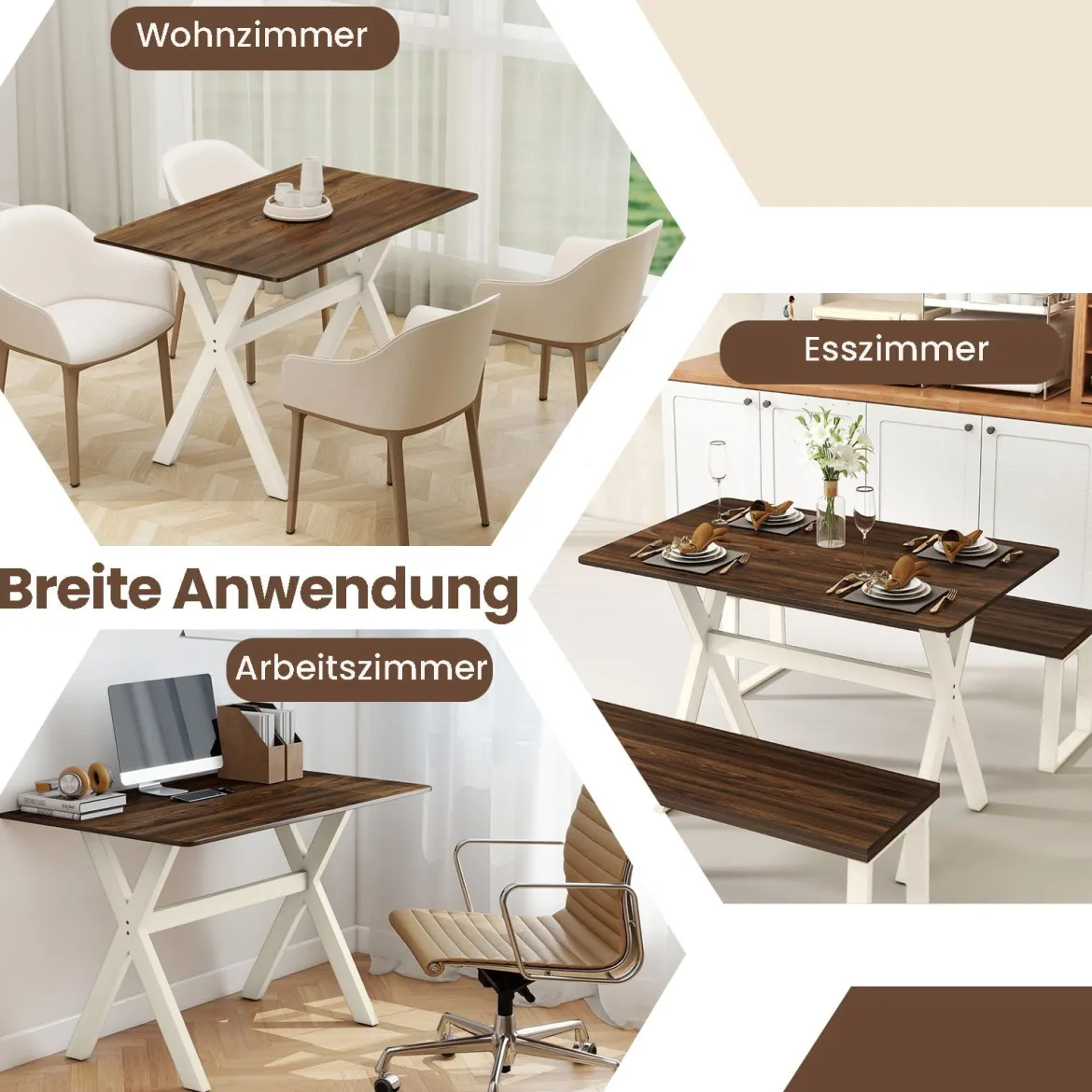 Esstisch Holztisch mit X-förmigem Gestell für kleine Räume Akzent-Beistelltisch mit Holzmaserungstextur Tischplatte Nuss