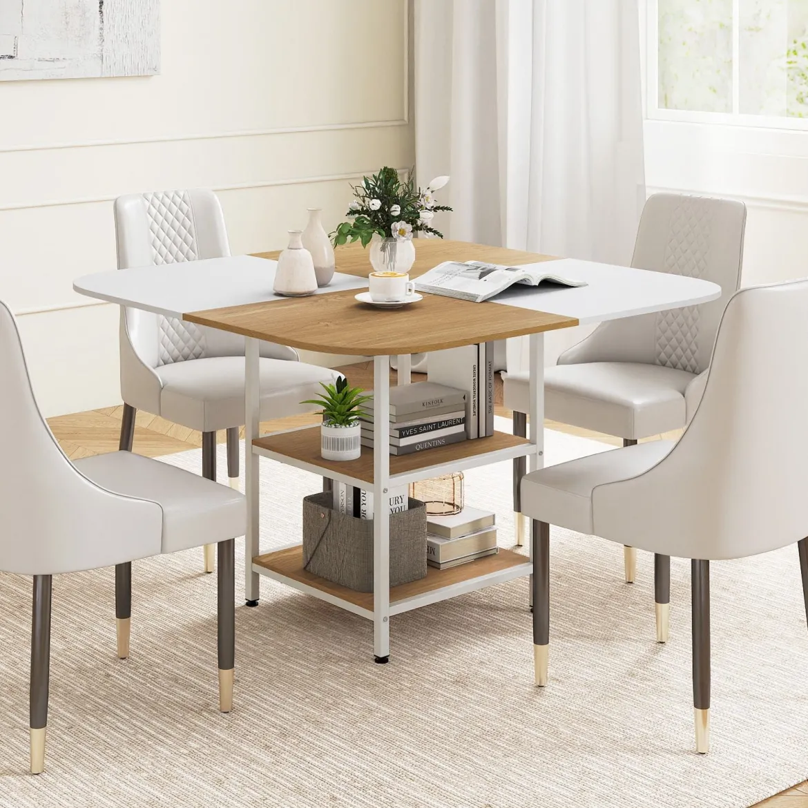 Esstisch Küchentisch mit 2 Ablagen quadratischer Esszimmertisch für 4 Personen für Esszimmer 120 x 120 x 77 cm