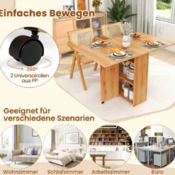 Esstisch klappbar mit 2 Rädern mobiler Klapptisch Esszimmertisch mit 2-stufiger Ablagefläche und Schublade Holz