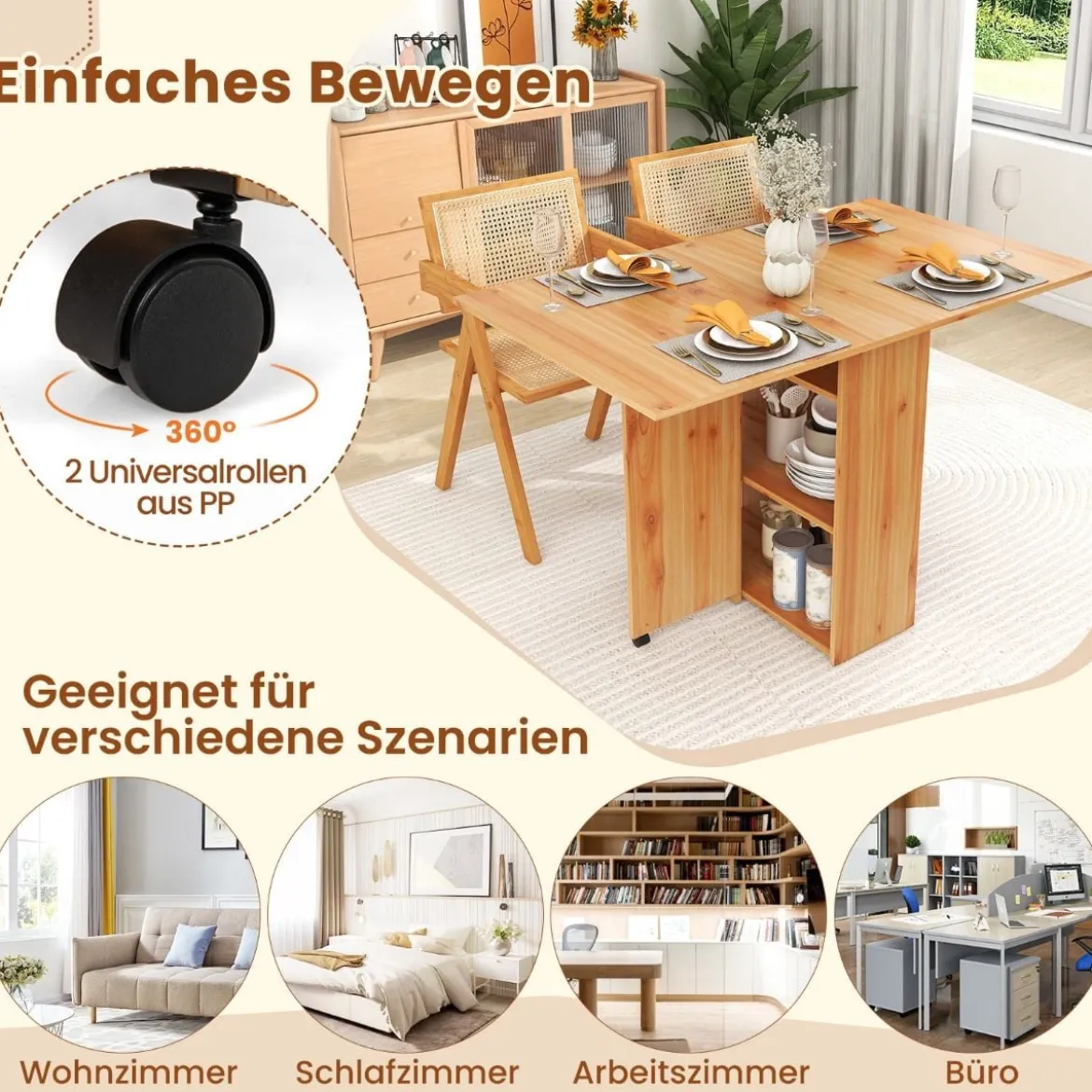 Esstisch klappbar mit 2 Rädern mobiler Klapptisch Esszimmertisch mit 2-stufiger Ablagefläche und Schublade Holz