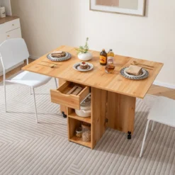 Esstisch klappbar mit 2 Rädern mobiler Klapptisch Esszimmertisch mit 2-stufiger Ablagefläche und Schublade Holz